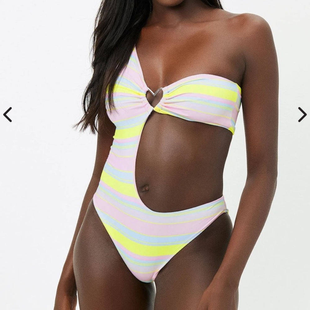 Frankie’s Bikinis pink yellow ONE PIECE SWIMSUIT